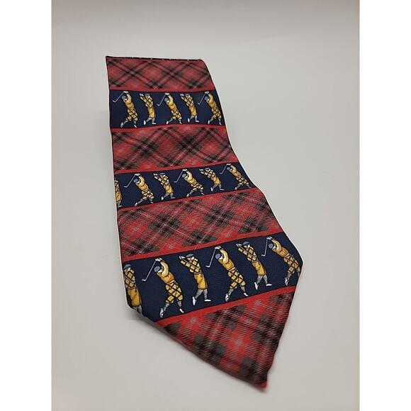 HATHAWAY GOLF Vintage Golfer Tie 100% Silk Red And Blue Plaid Made In USA - Picture 1 of 8